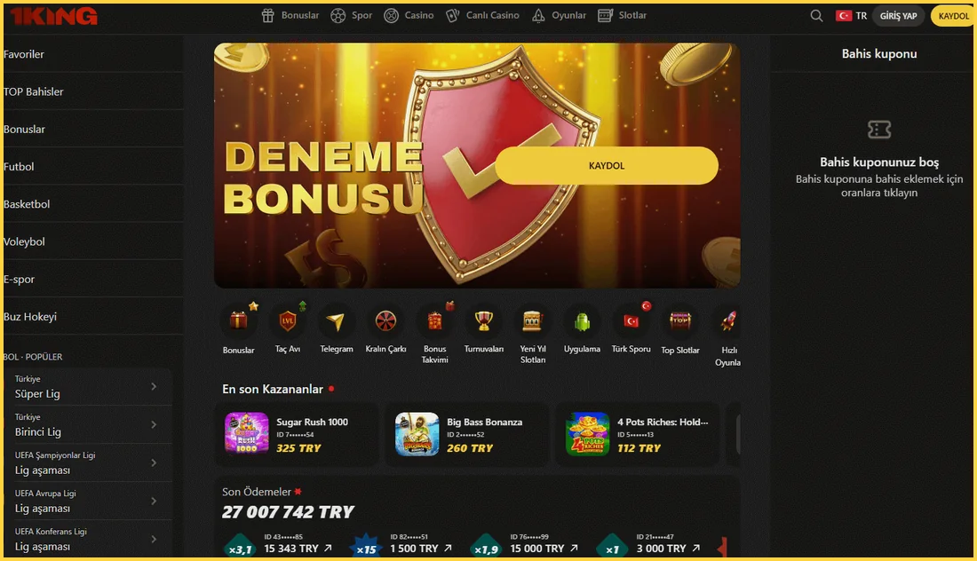 1 King Casino ana sayfa görünümü: spor menüsü, deneme bonusu ve son kazananlar – 2026 arayüzü