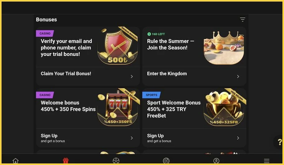 1 King Casino bonuslar bölümü: deneme bonusu, casino ve spor hoş geldin paketleri – 2026 arayüzü
